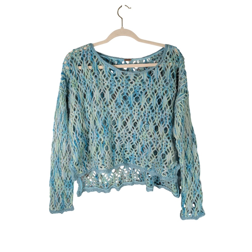 Free People Open Knit Crochet Sweater Womens L Blue Green Metallic Boho Pullover